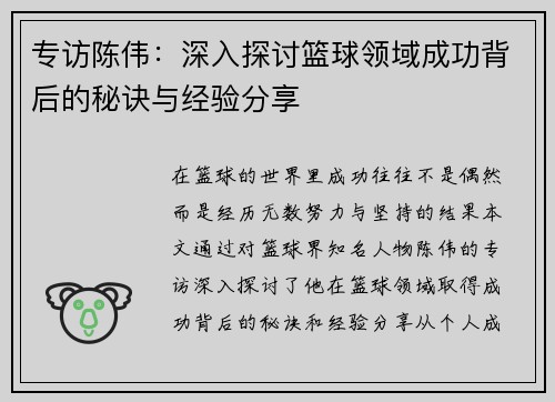 专访陈伟：深入探讨篮球领域成功背后的秘诀与经验分享